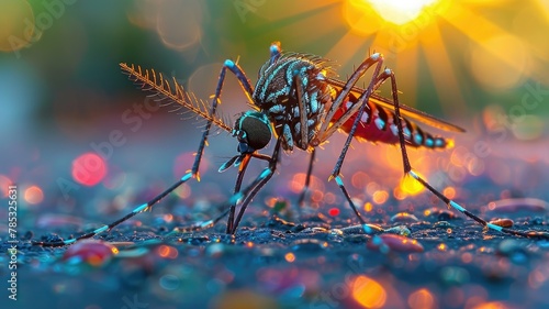 Detailed mosquito on a vibrant, wet surface with sunrise - A detailed close-up of a mosquito on a wet, reflective surface, illuminated by the warm light of sunrise © Tida