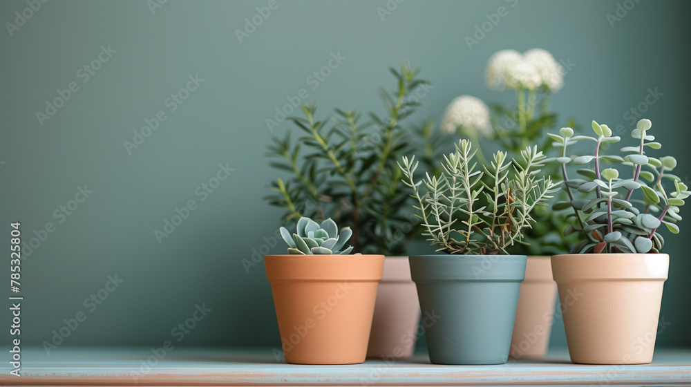 green succulents in ceramic pots on wooden table against grey background with copyspace