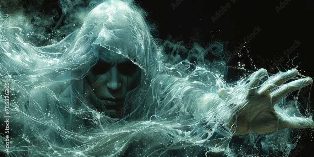 Ethereal figure reaching out in darkness - A mystical artwork depicting an ethereal, ghostly figure extending a hand amidst swirling abstract patterns Ethereal figure reaching out in darkness - A mystical artwork depicting an ethereal, ghostly figure extending a hand amidst swirling abstract patterns