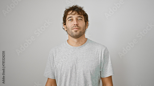 Handsome, young blond man with beard, concentrated yet relaxed, oozes confidence through his serious expression, isolated on a white background wall, exuding an air of quiet strength.