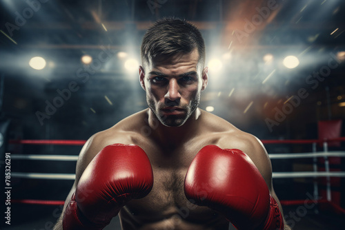 Generative AI image of boxer with a determined look in eyes wearing a boxing gloves © Tetiana