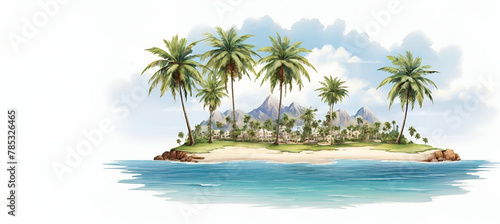 Sea beWatercolor illustration of tropical palm trees beachside, watercolor, white backgroundach summer holiday watercolor painting generative by ai.