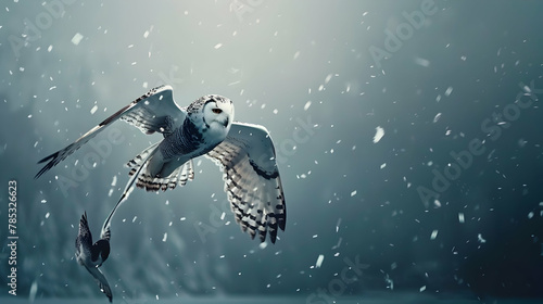 Owl: A snowy owl in flight, captured with high-speed photography to detail its powerful wing beats, set against a winter sky background with copy space. The clarity captures the majesty of its flight photo