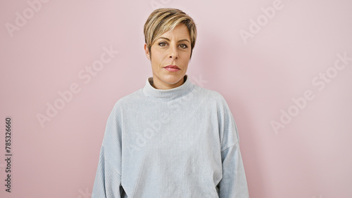 A confident hispanic woman with short blonde hair wearing a sweater poses against a pink wall.