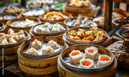 Assorted steamed dumplings in baskets - A variety of steamed dumplings and dim sum are colorfully presented in traditional bamboo steamers