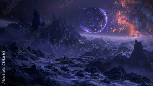 Dark alien landscape on distant planet digital art background