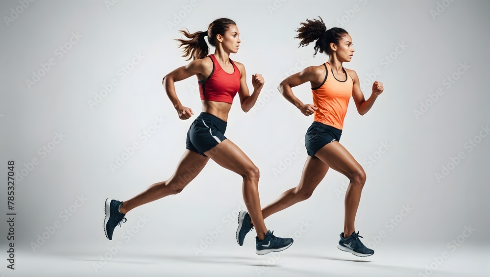 Full length profile shot of a young female athlete running isolated on white background Full length profile shot of a young female athlete running isolated on white background