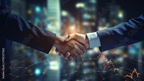 Prosperous business handshake on finance and money technology background: investing in valuable stock market for wealth growth and currency trading profits

 photo