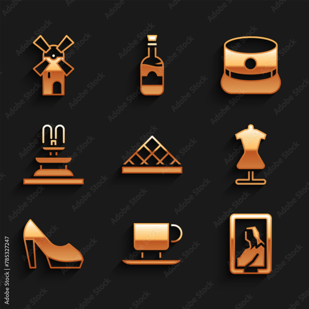 Set Louvre museum, Coffee cup, Portrait in, Mannequin, Woman shoe, Fountain, Kepi and Windmill icon. Vector Set Louvre museum, Coffee cup, Portrait in, Mannequin, Woman shoe, Fountain, Kepi and Windmill icon. Vector