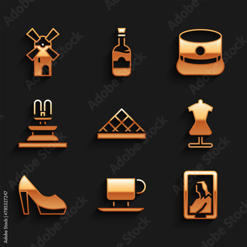 Set Louvre museum, Coffee cup, Portrait in, Mannequin, Woman shoe, Fountain, Kepi and Windmill icon. Vector