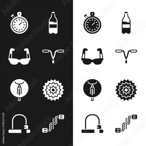 Set Bicycle handlebar, Sport cycling sunglasses, Stopwatch, bottle with water, cassette, pedals and lock icon. Vector