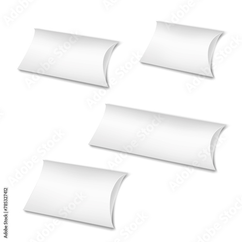 White blank paperboard pillow box template. Souvenir gift packaging. Realistic vector mockup set. Cardboard box, paper container. Mock-up for design
