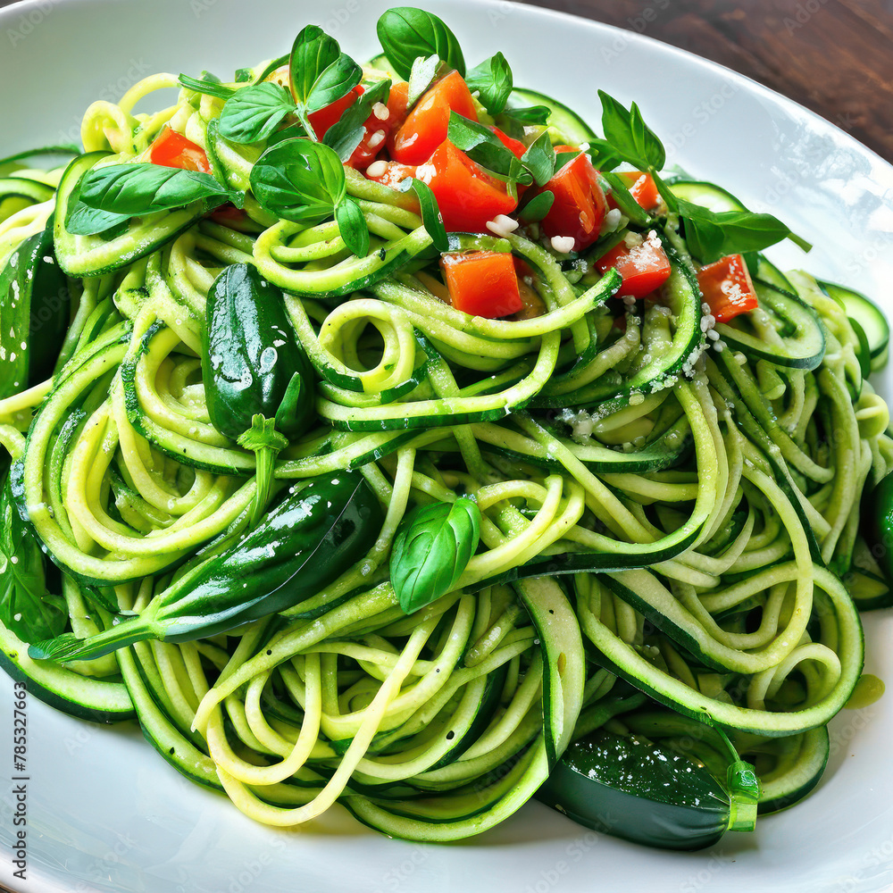 Pasta spaghetti with zucchini basil cream and cheese. Vegetarian vegetable pasta Zucchini noodles Pasta spaghetti with zucchini basil cream and cheese. Vegetarian vegetable pasta Zucchini noodles