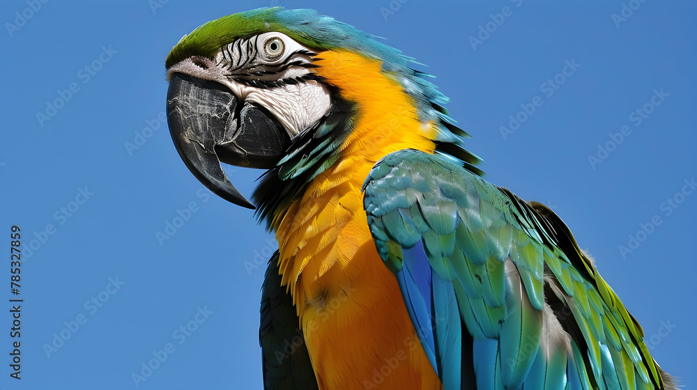 Parrot: A vibrant parrot shown mid-squawk, captured with a high-resolution lens to showcase the vividness of its feathers, set against a plain sky blue background with copy space. Parrot: A vibrant parrot shown mid-squawk, captured with a high-resolution lens to showcase the vividness of its feathers, set against a plain sky blue background with copy space.