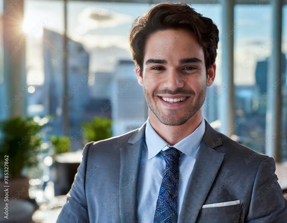 Portrait of businessman smiling in front windows light office Portrait of businessman smiling in front windows light office