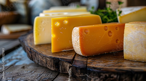 Different types of sarah on a wooden background. Assortment of cheeses. Side view. photo