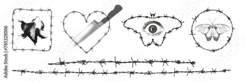 Trendy elements with retro photocopy effect. Y2K goth core frames set made of barbed wire. Heart, butterfly, human eye, knife and rose stickers in grunge 2000s style. Modern vector illustration