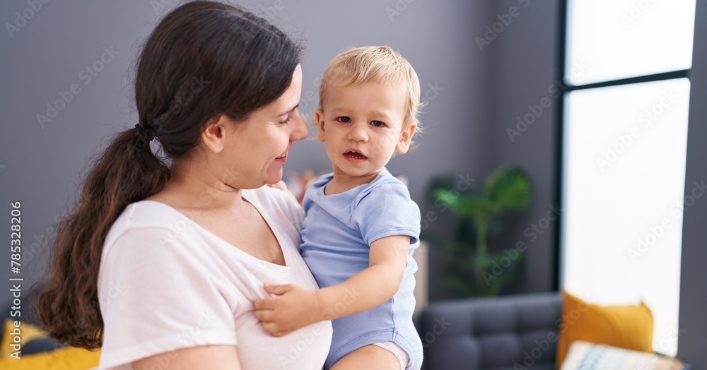 Mother and son smiling confident standing at home Mother and son smiling confident standing at home