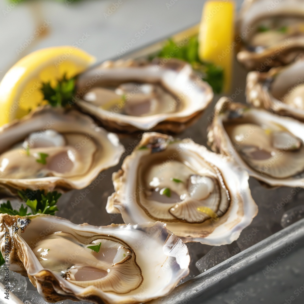 A tray of freshly shucked oysters served with lem A tray of freshly shucked oysters served with lem