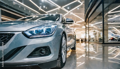 Electric Elegance: Headlight of Gray SUV in Showroom