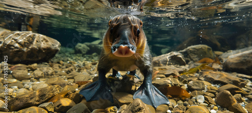 Platypus: A platypus in a clear stream, shot with underwater photography to detail its unique bill and webbed feet, set against a clear water background with copy space