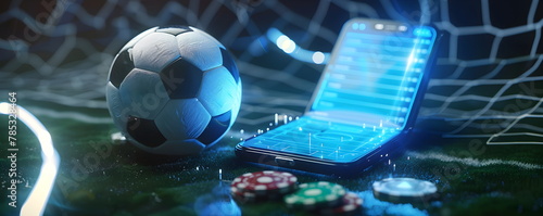 Mobile phone Soccer betting. Soccer field on smartphon. bet and win concept.Watch a live sports event on your mobile device. Betting on football matches