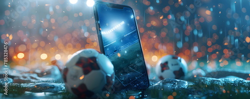 Mobile phone Soccer betting. Soccer field on smartphon. bet and win concept.Watch a live sports event on your mobile device. Betting on football matches photo
