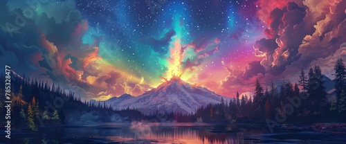 a psychedelic rainbow cloud erupting from the top of Mount Rainier, a lake in front of it, psychedelic sky with stars and clouds photo