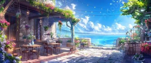 A quaint cafe on the terrace of an old stone building, surrounded by flowers and hanging lights. 