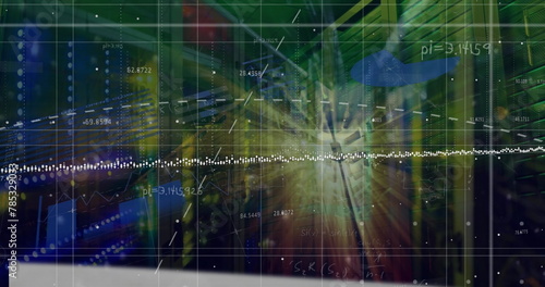 Image of statistical data processing and light spot against computer server room