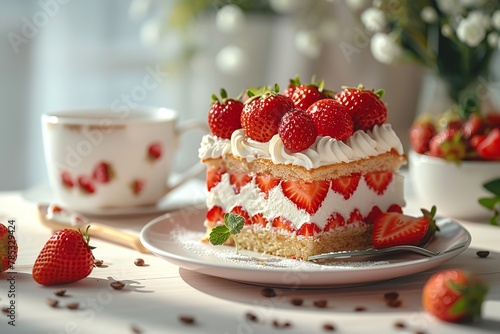 Closeup picture of strawberry cake plate  gateau fran  aise  set out on a simple table with a cup of coffee and an advertising motif  Generative AI.