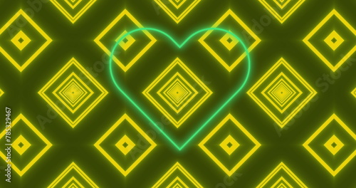 Image of shapes moving and heart over black background