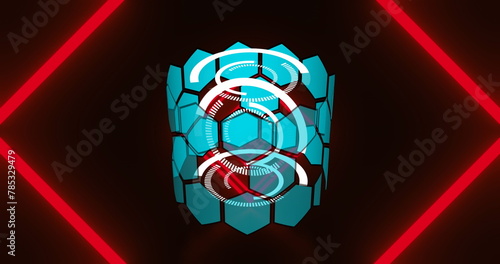 Image of hexagonal shapes spinning against red neon tunnel in seamless pattern