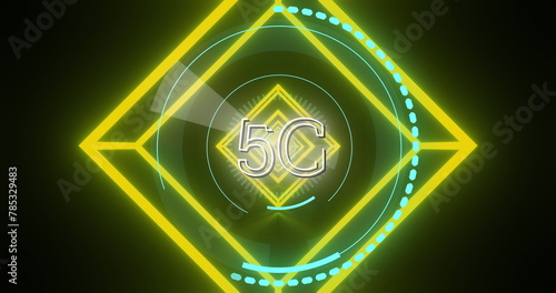 Image of 5g text over neon round scanner against yellow neon tunnel in seamless pattern