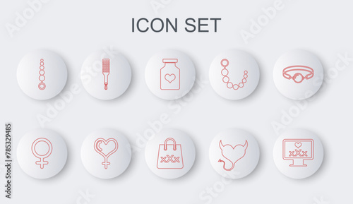 Set line Monitor with 18 plus content, Female gender symbol, Bottle pills for potency, Devil heart horns, Anal beads, Spanking paddle, and and Shopping bag triple X icon. Vector