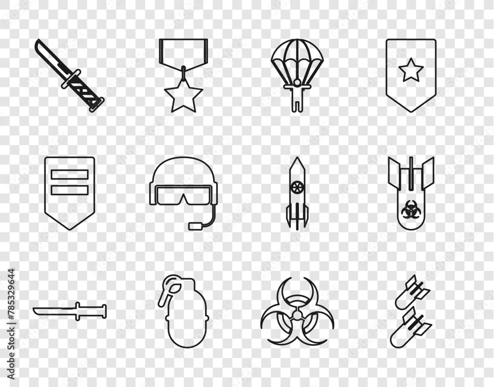 Set line Military knife, Aviation bomb, Parachute, Hand grenade, helmet, Biohazard symbol and icon. Vector Set line Military knife, Aviation bomb, Parachute, Hand grenade, helmet, Biohazard symbol and icon. Vector