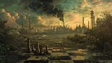Concept art showing the clash of industrial and natural worlds on a chessboard