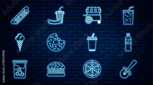Set line Pizza knife, Bottle of water, Fast street food cart, Donut, Ice cream in waffle cone, Hotdog sandwich, Glass with and Soda hotdog icon. Vector