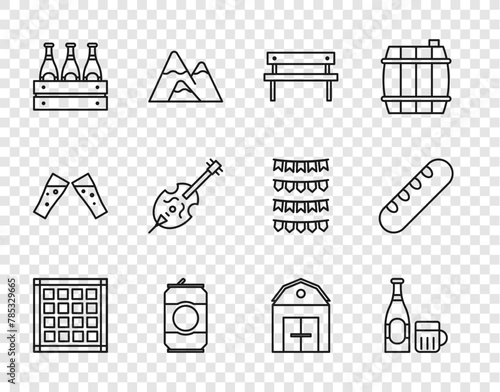 Set line Checkered napkin, Beer bottle and glass, Bench, can, Pack of beer bottles, Violin, Farm House and French baguette bread icon. Vector
