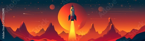 A rocket is flying through a red and orange sky with mountains in the background