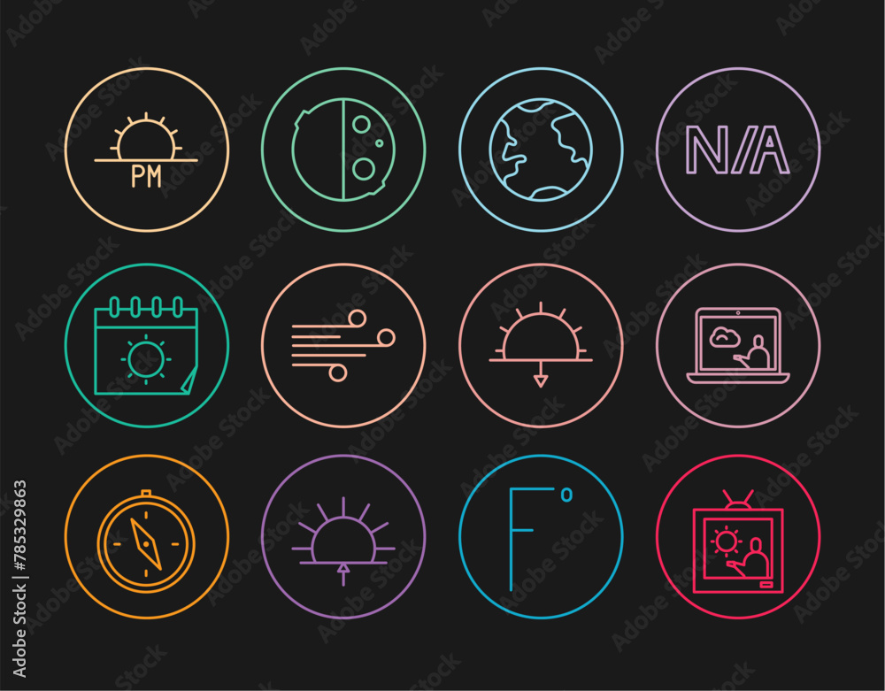 Set line Weather forecast, Earth globe, Wind, Calendar and sun, Sunset, and Eclipse of icon. Vector Set line Weather forecast, Earth globe, Wind, Calendar and sun, Sunset, and Eclipse of icon. Vector
