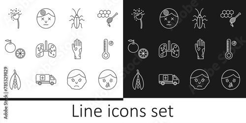 Set line Runny nose, Medical digital thermometer, Cockroach, Lungs, Orange fruit, Flower producing pollen, Hand with psoriasis or eczema and Man having headache icon. Vector