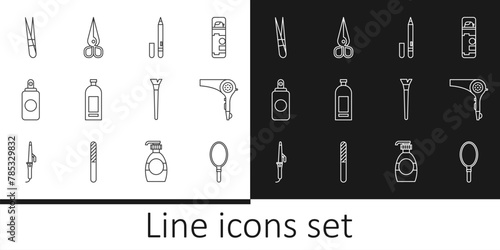 Set line Hand mirror, Hair dryer, Eyeliner, eyebrow, Bottle of shampoo, Spray can, Eyebrow tweezers, Makeup brush and Scissors icon. Vector