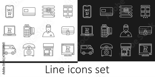 Set line Shopping cart on computer, Credit card with lock, Search browser window, POS terminal credit, laptop, Mobile phone and shopping, Seller and icon. Vector