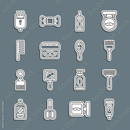Set line Electrical hair clipper or shaver, Shaving razor, Hairbrush, Bottle of shampoo, Cream lotion cosmetic jar, and Hand mirror icon. Vector