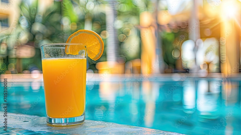 a glass of orange juice placed on the pool's edge, with a luxurious hotel and shimmering swimming pool in the blurred background, set against the backdrop of a sunny day. a glass of orange juice placed on the pool's edge, with a luxurious hotel and shimmering swimming pool in the blurred background, set against the backdrop of a sunny day.