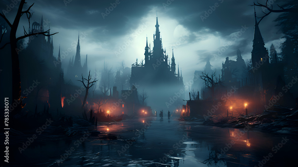 Creepy spooky halloween background with haunted castle and graveyard