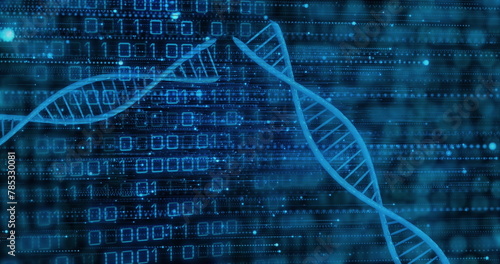 Image of illuminated blue dna helix and binary codes over moving lines and dots