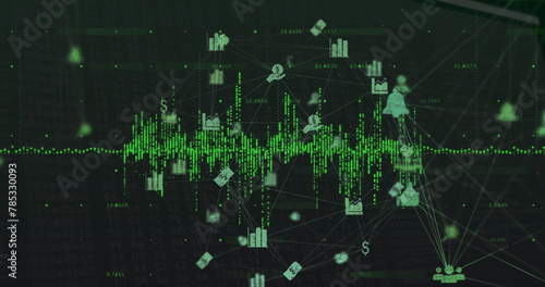 Image of green soundwaves and multiple icons connected with lines in globe shape over numbers