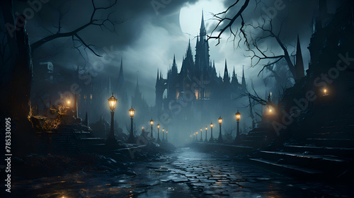 Spooky halloween background with spooky castle and street lamps photo